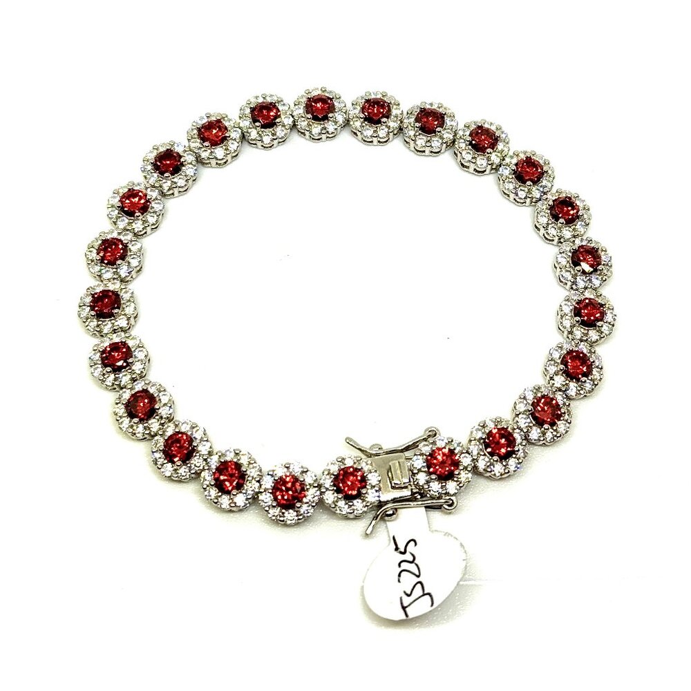 925 Sterling Silver Flower Red Cubic Zirconia 7.5 Inches Womens Girls Bracelet